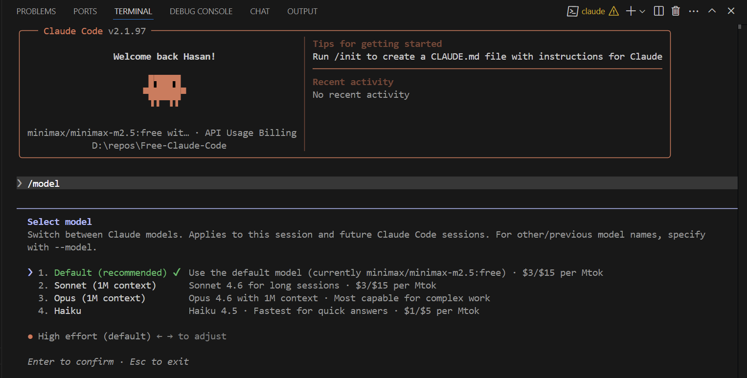 Claude Code /model command showing the free OpenRouter model active