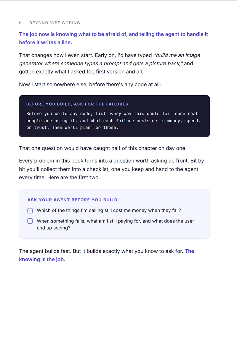 Page 5 of Beyond Vibe Coding: a prompt block and the first "ask your agent" checklist.
