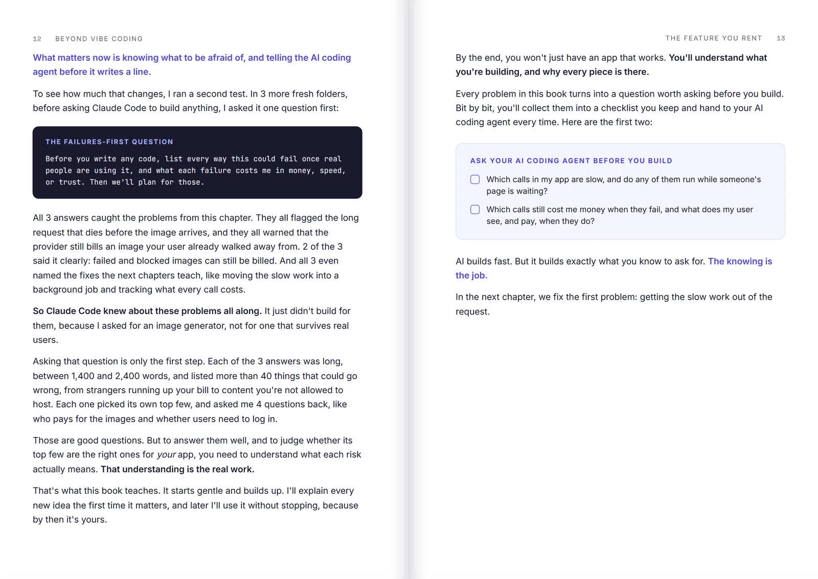 Pages 12 and 13 of Beyond Vibe Coding: the failures-first prompt block on the left, the first "ask your AI coding agent before you build" checklist on the right.