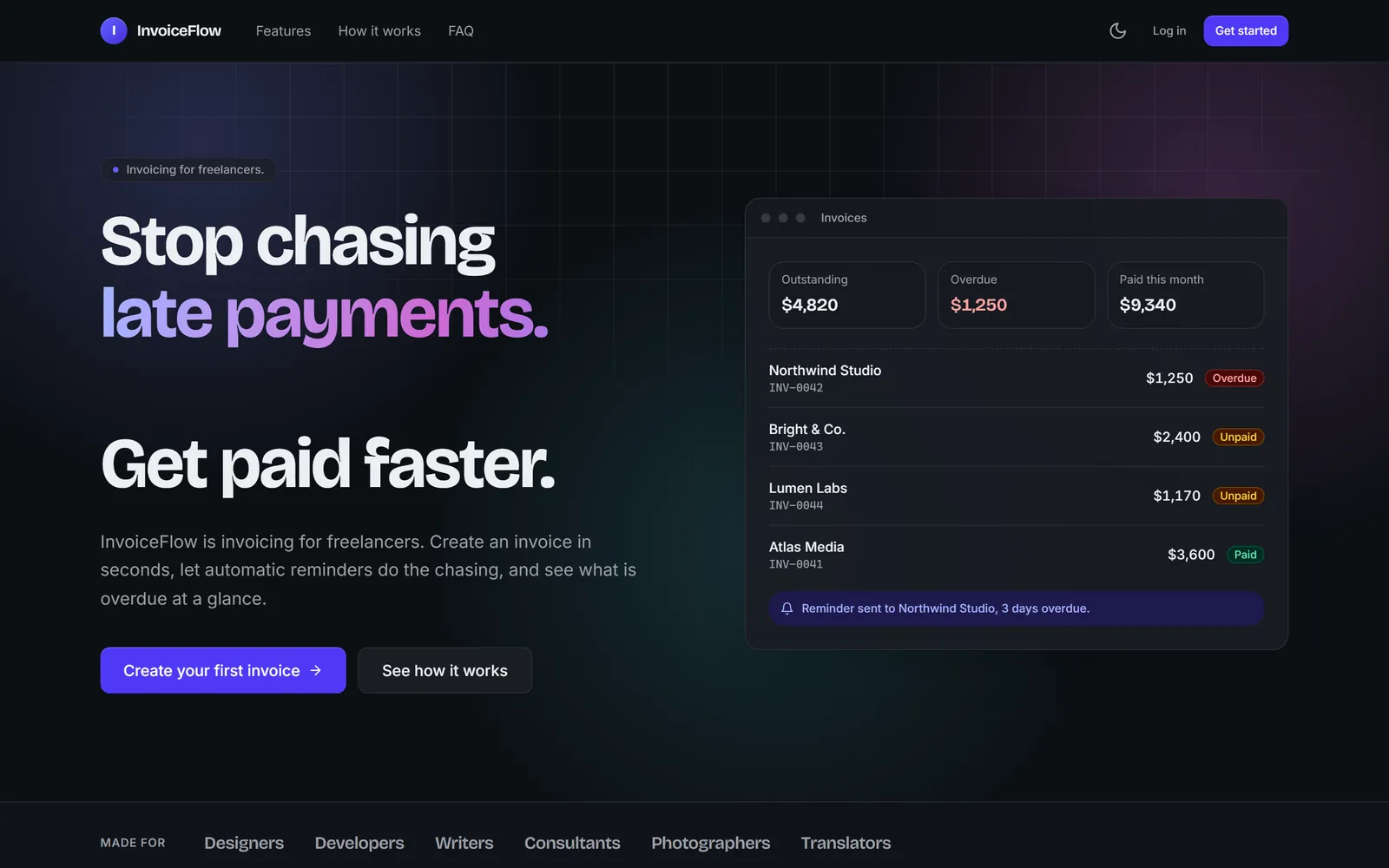The landing page in dark mode