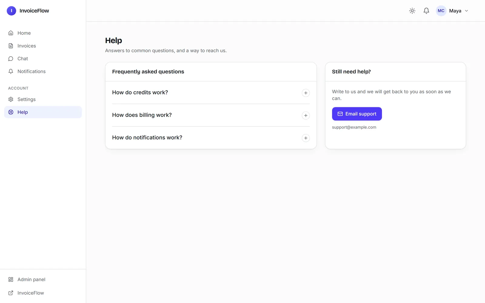 The Help page with its FAQ and an email support button