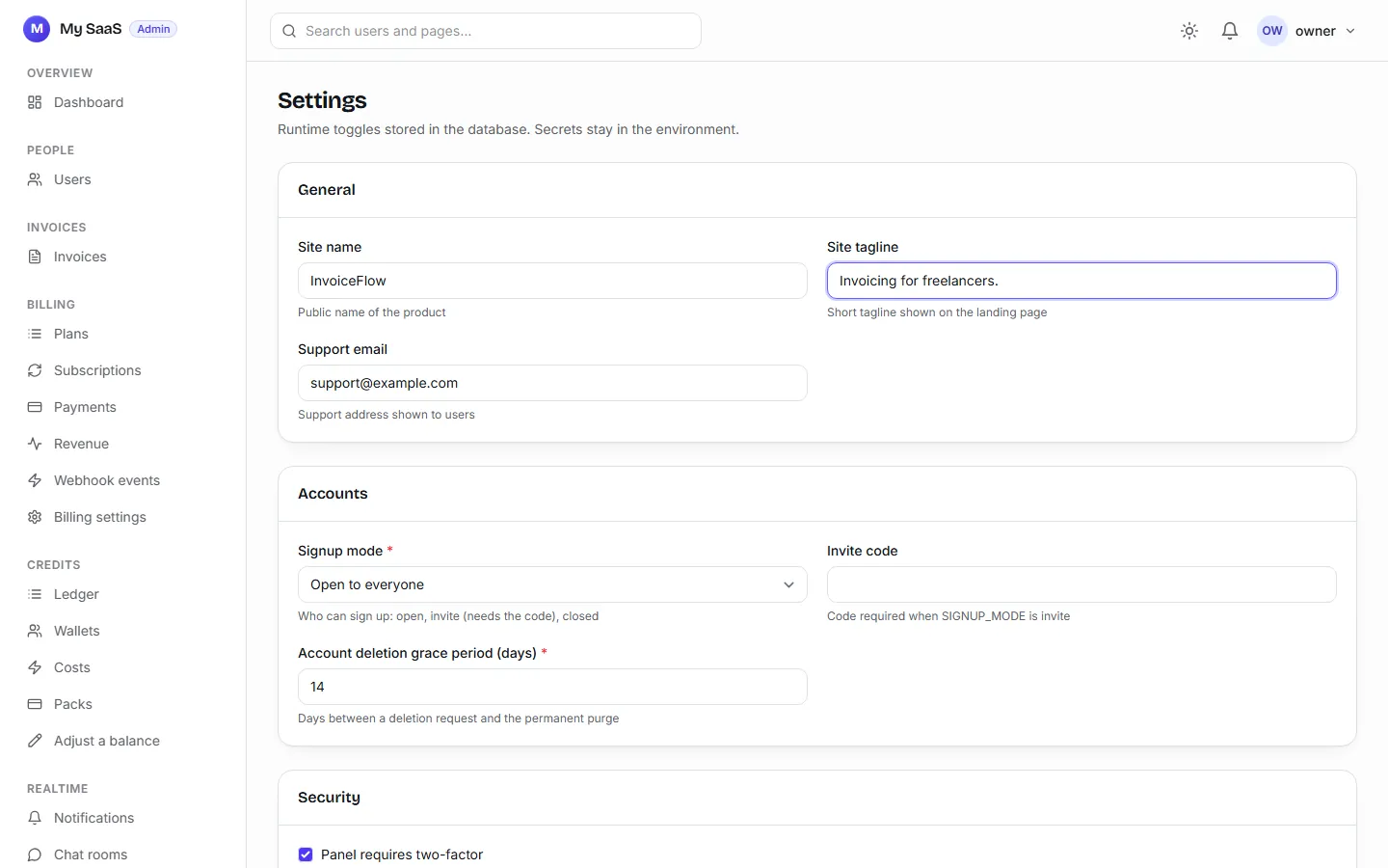The panel's general settings with the site name being changed