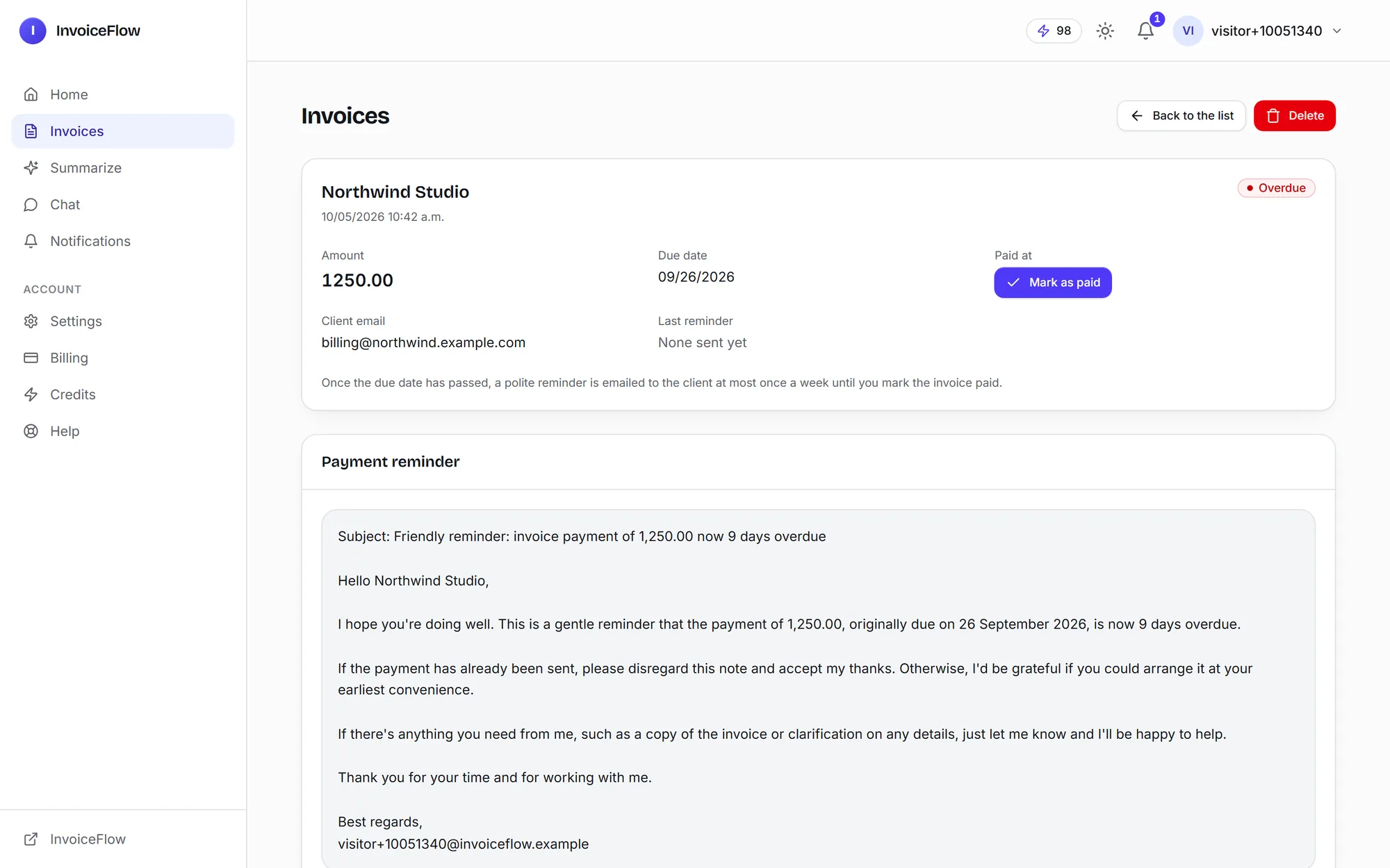 An overdue invoice with an AI-drafted payment reminder email