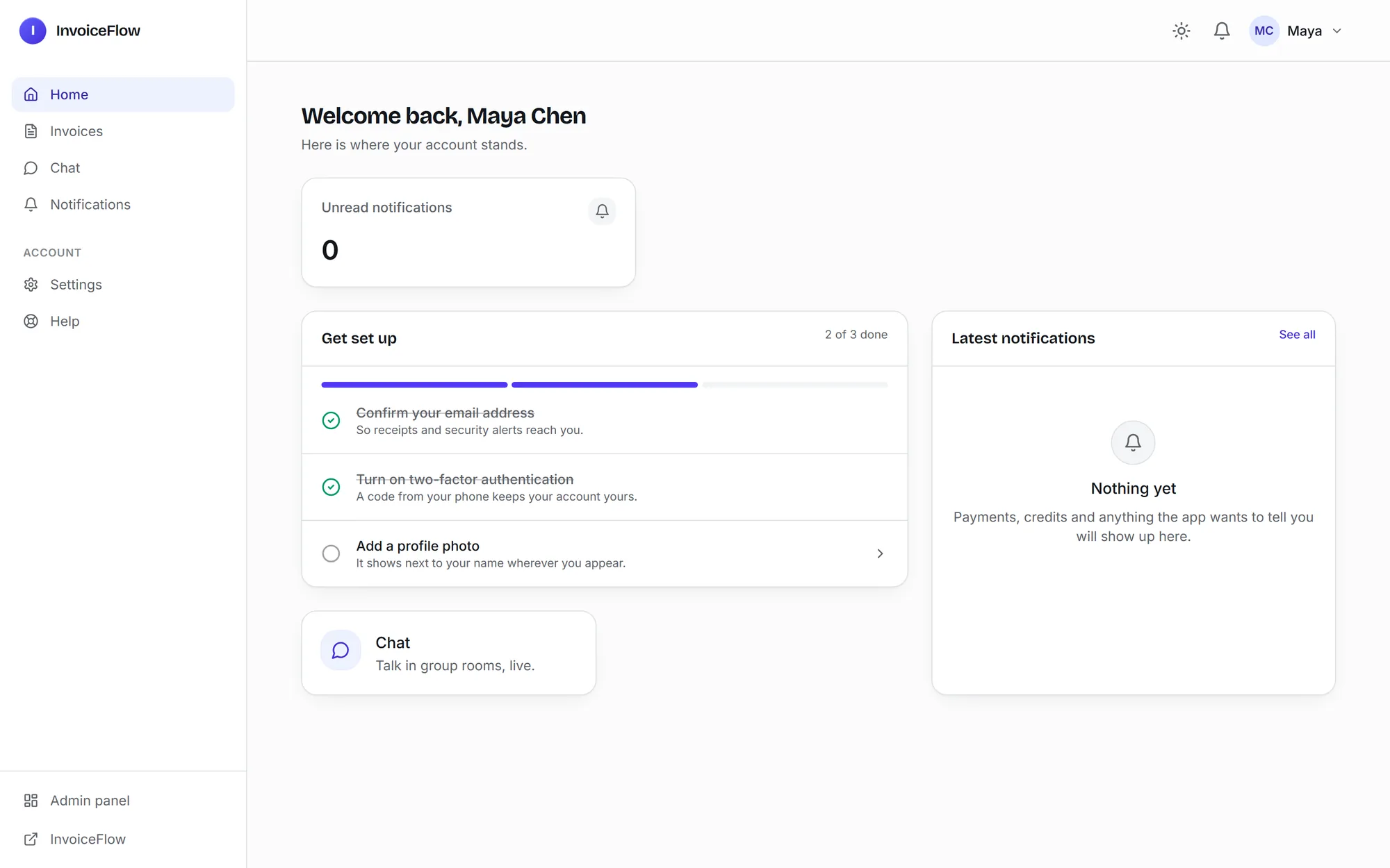 The signed-in InvoiceFlow app with its sidebar, credit balance and dashboard