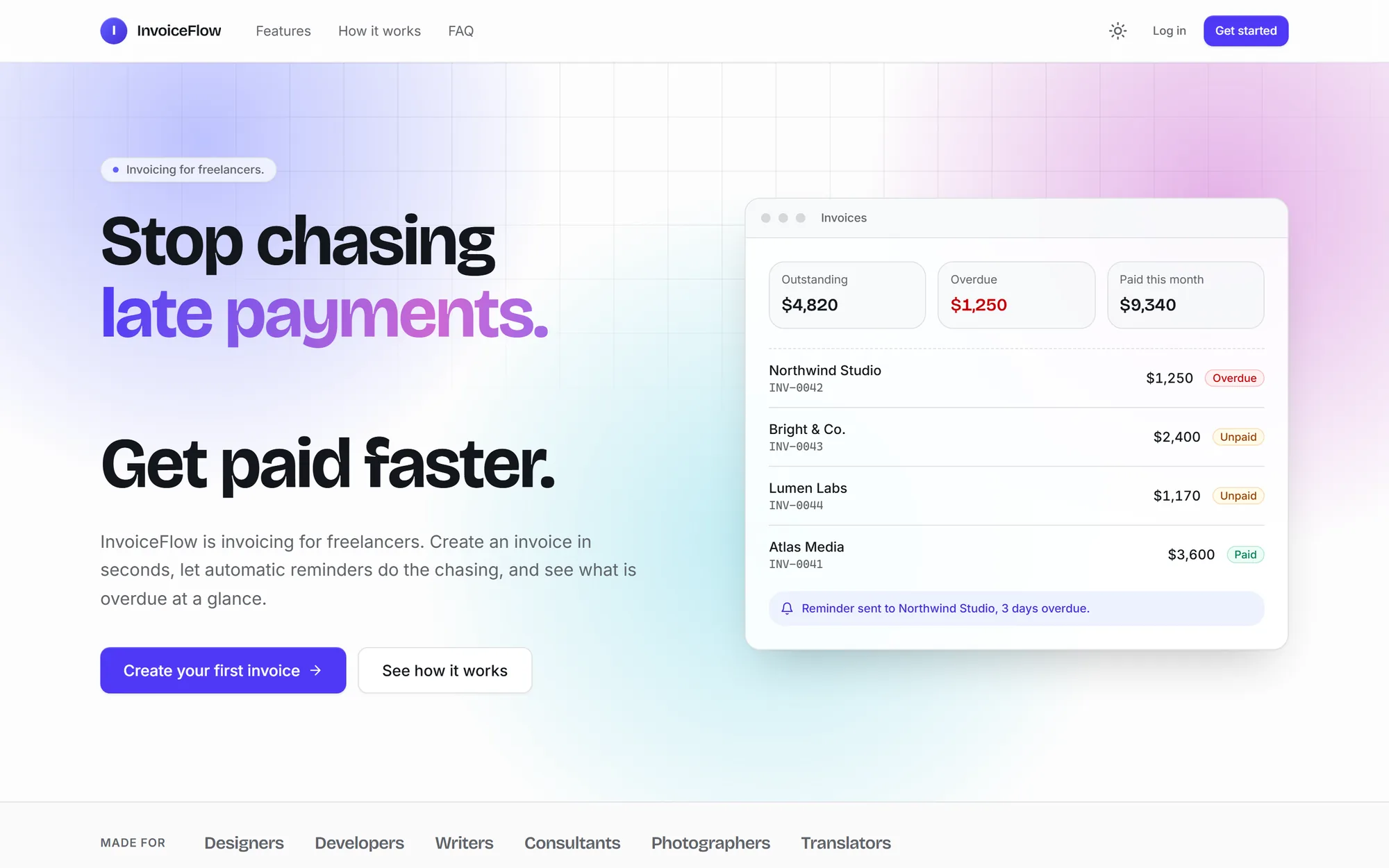 The InvoiceFlow landing page live on its own domain