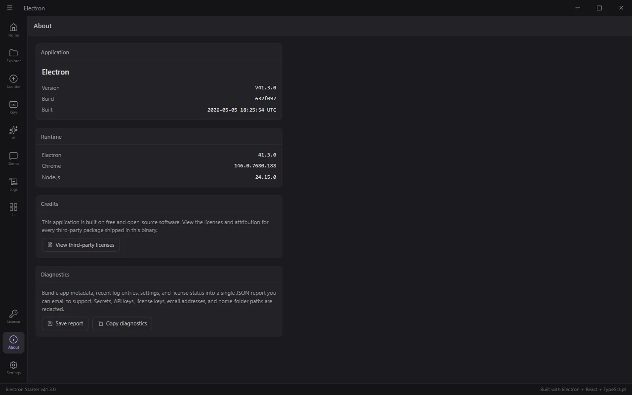 About screen with auto-update status and diagnostics export