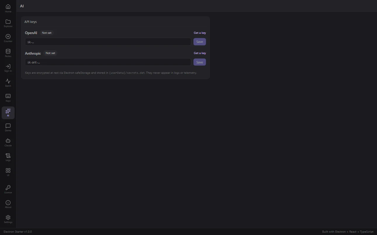 AI screen with API key panel