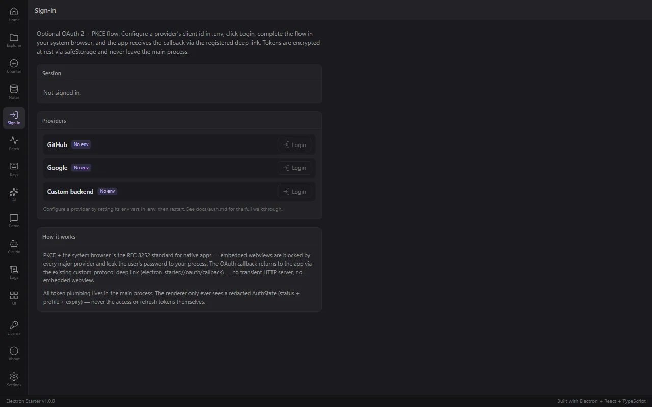 Sign-in screen showing the OAuth provider flow