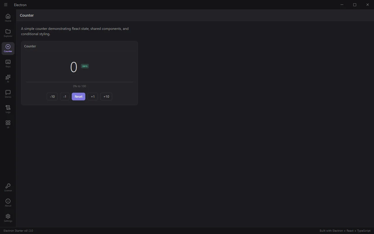 Counter demo showing electron-store persistence