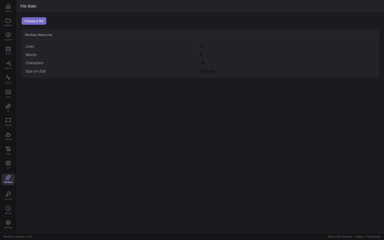 The File Stats screen inside the running desktop app, showing lines, words, characters and size on disk for a chosen text file