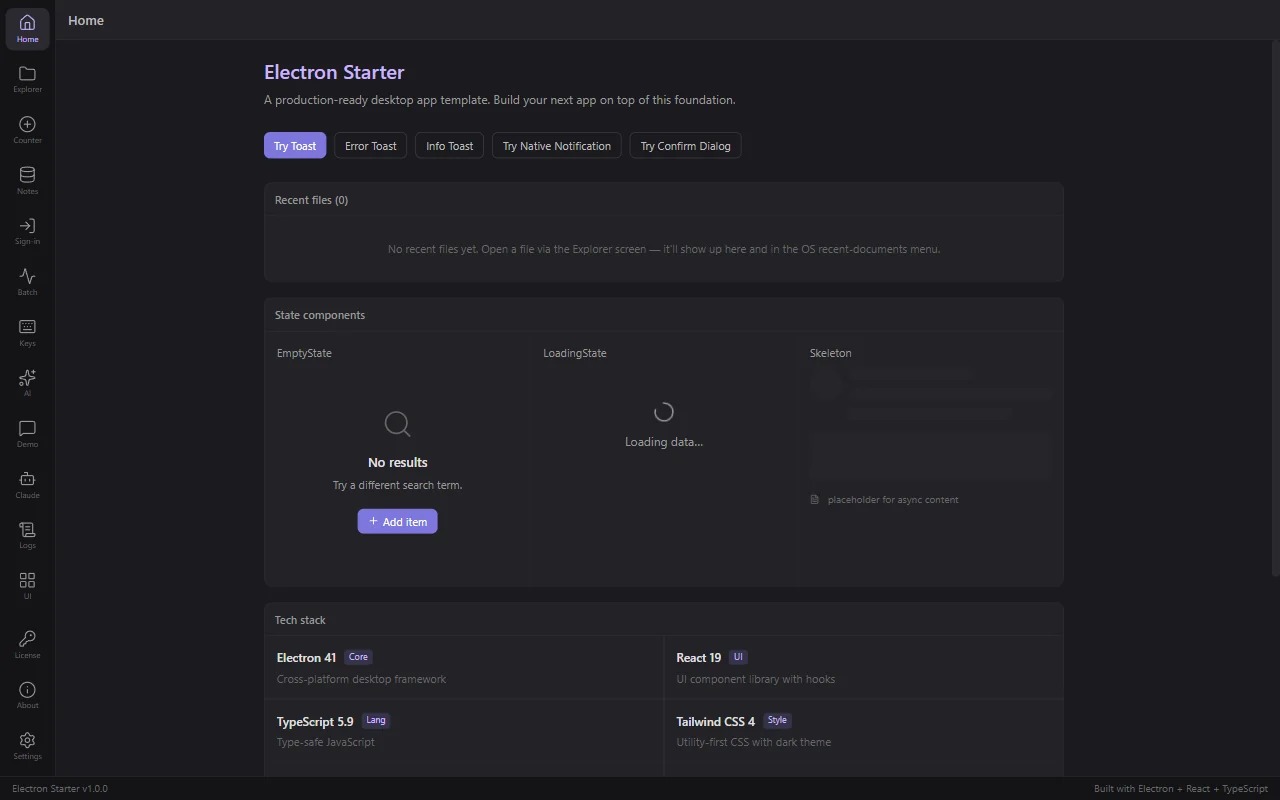 The boilerplate running on the desktop, with its sidebar of 15 working screens and the Home screen open