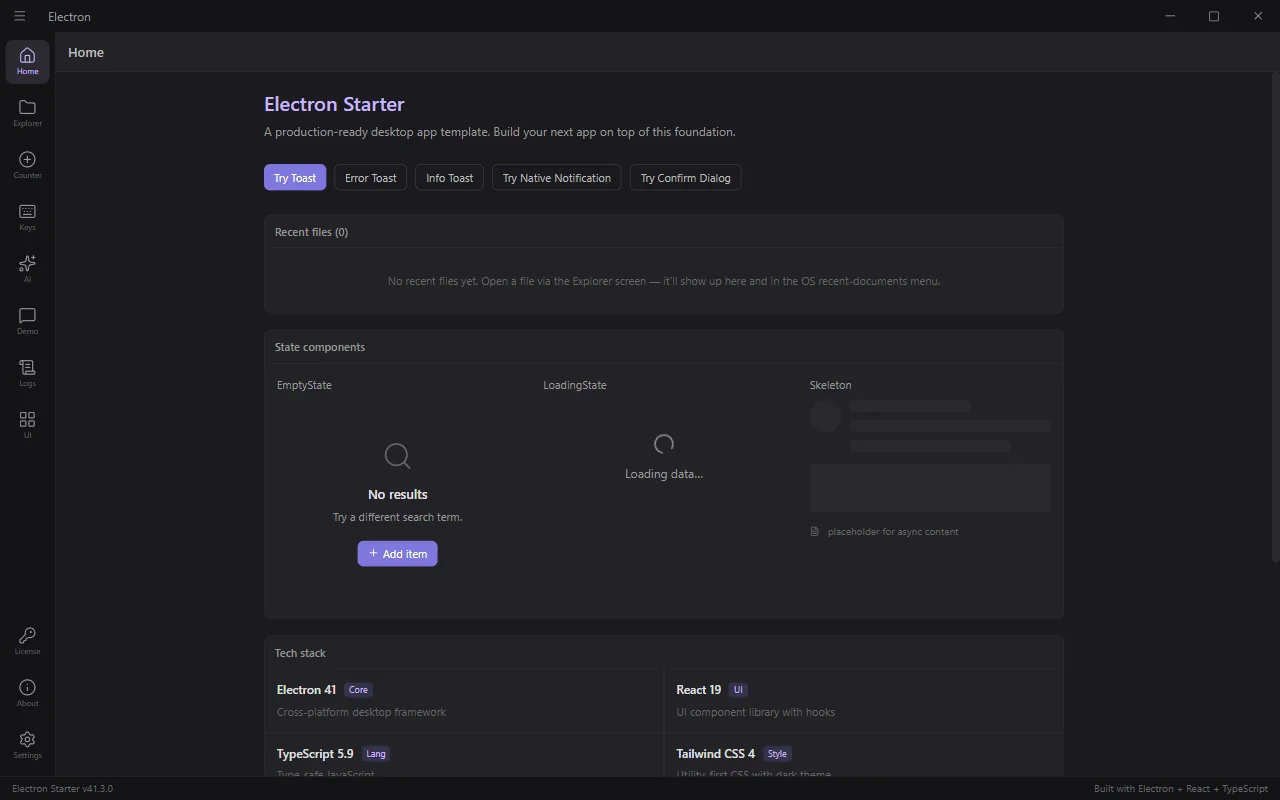 Electron Starter Template home screen with sidebar and custom title bar