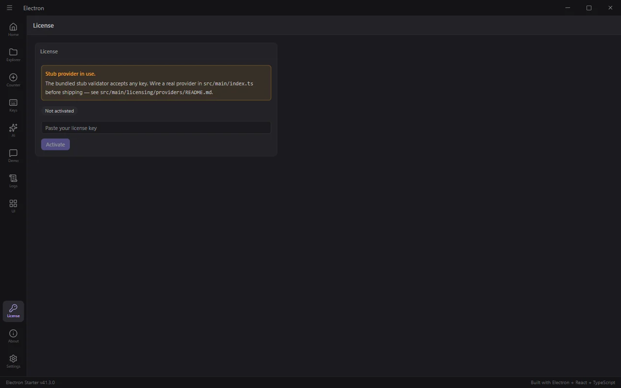License key activation screen
