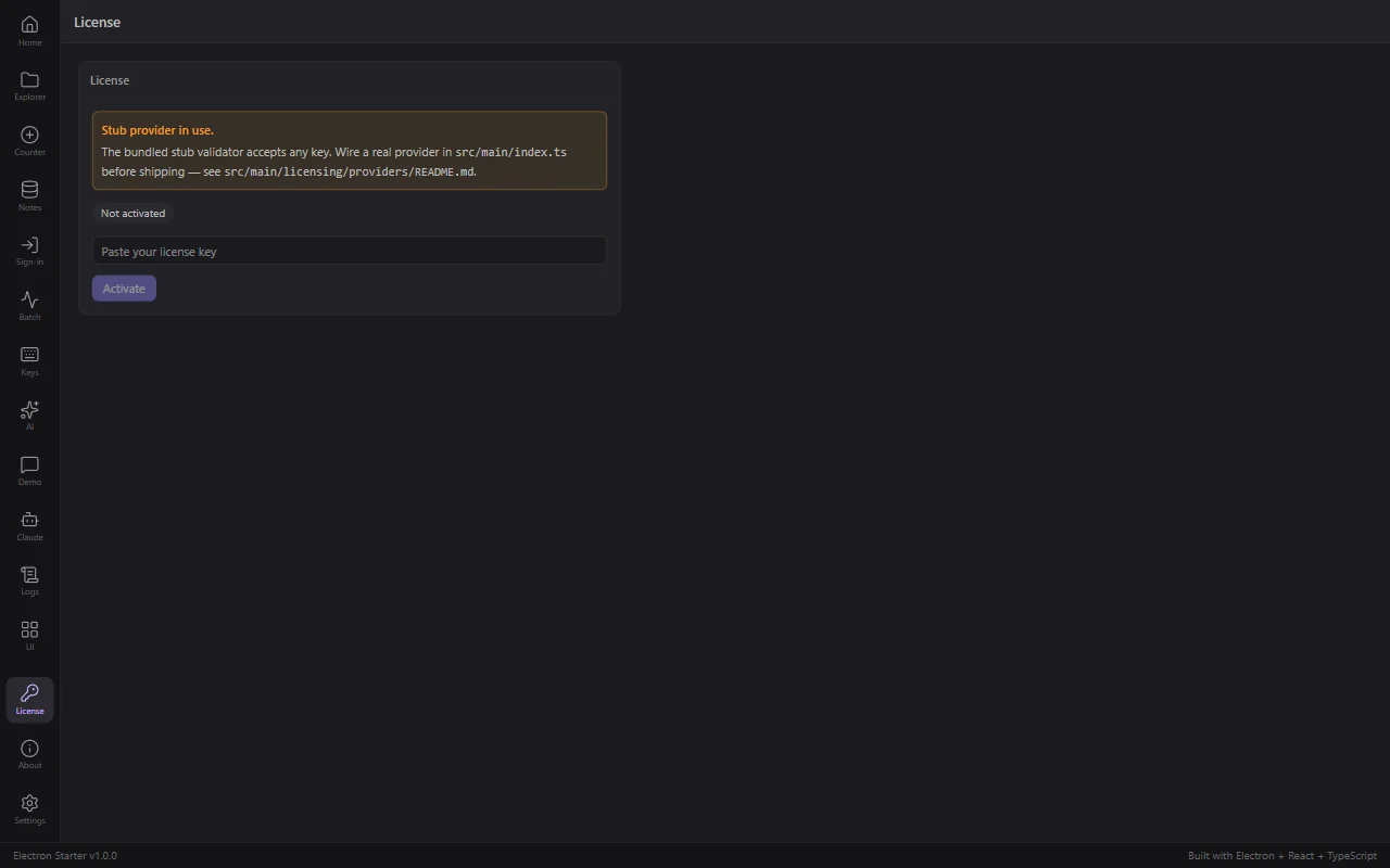 License key activation screen