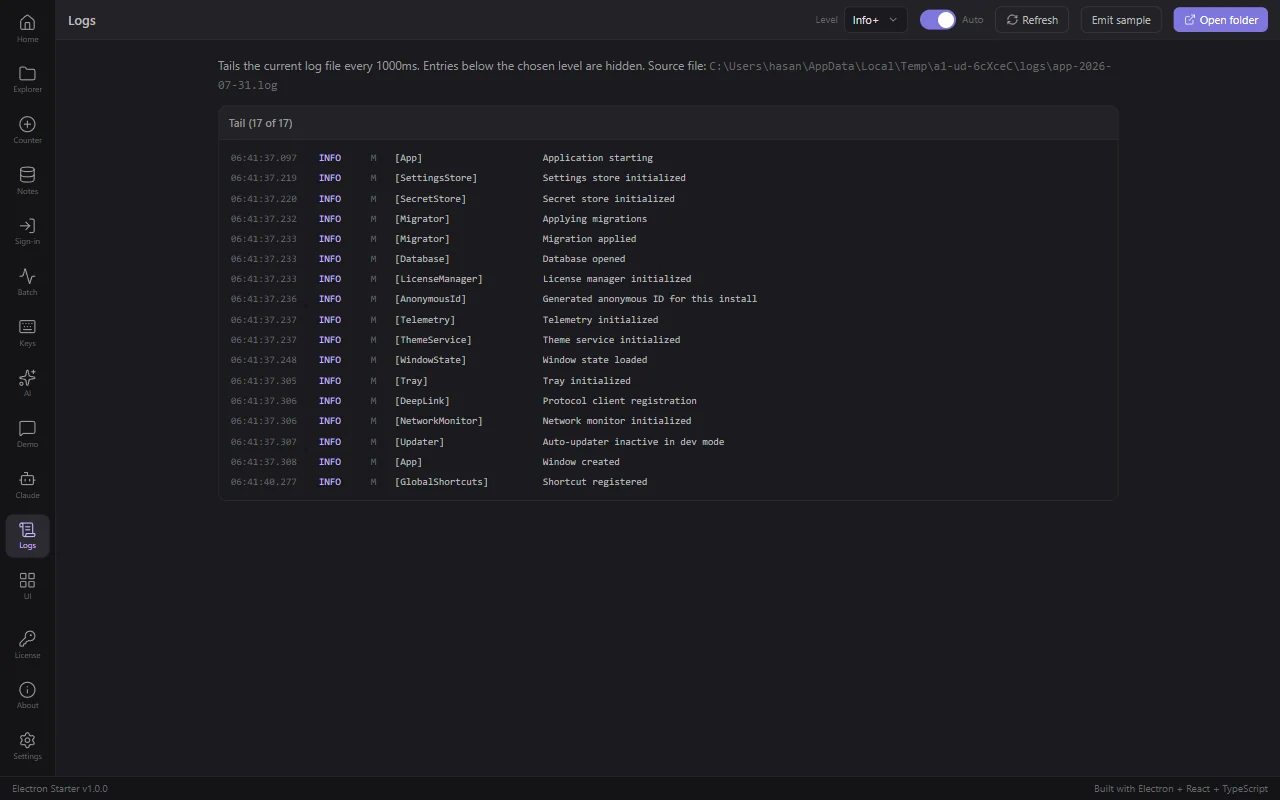 In-app logs viewer showing structured log lines