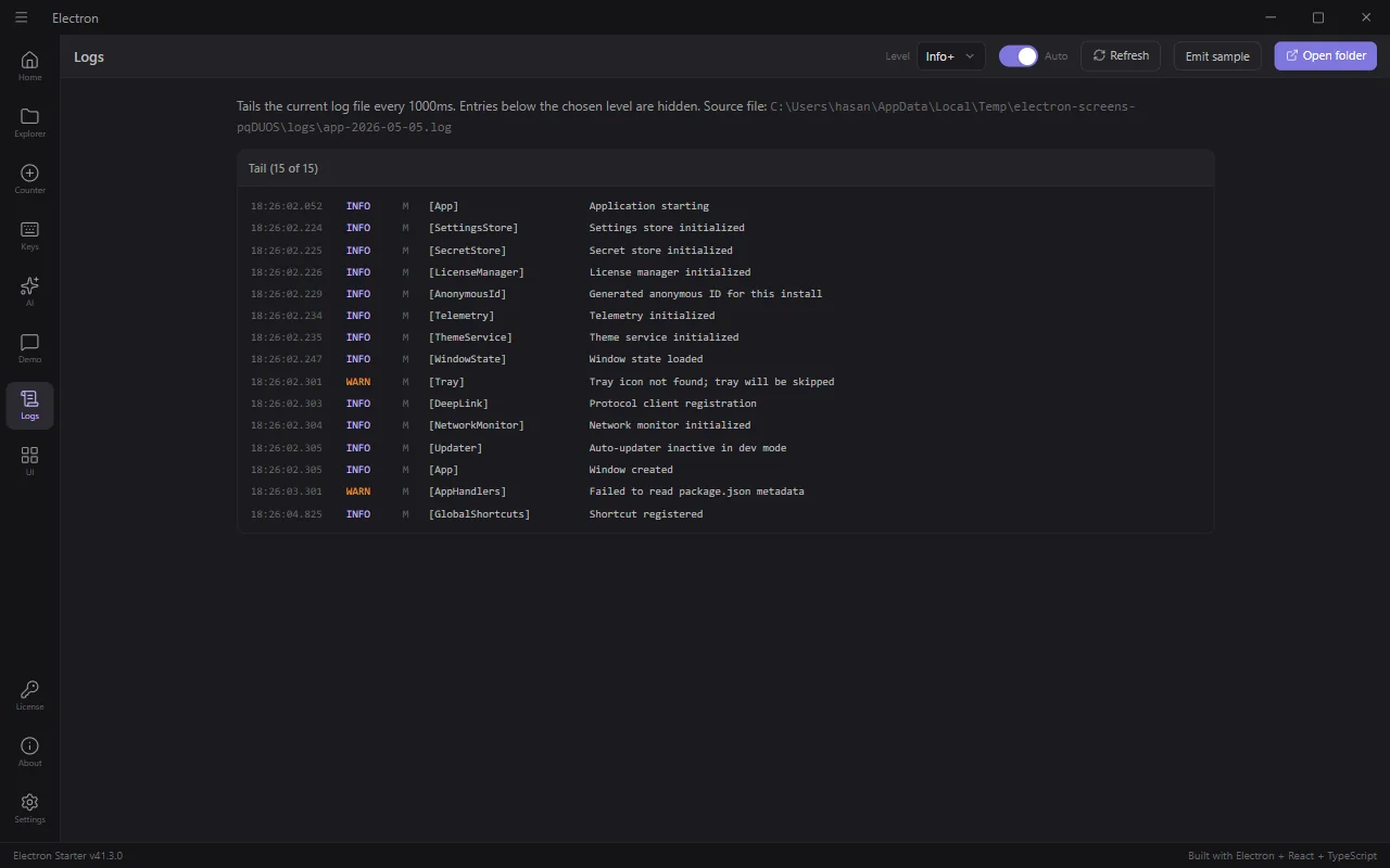 In-app logs viewer