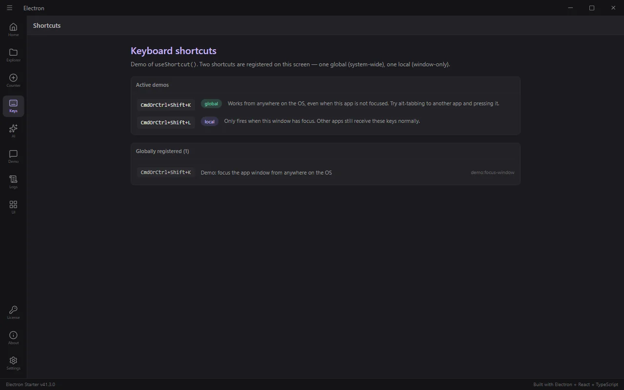 Keyboard shortcuts screen showing global hotkey bindings
