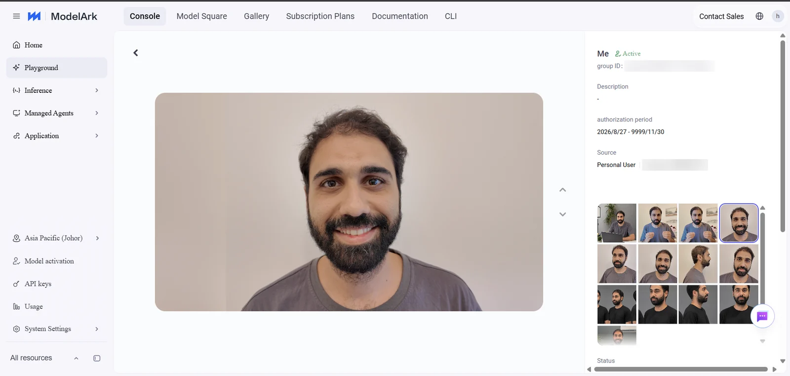 The ModelArk console with Playground selected: a registered likeness group named Me marked Active, an authorization period from 2026/8/27, source Personal User, and a grid of thirteen registered photos and video frames of the same man. The group ID and account number are blurred.