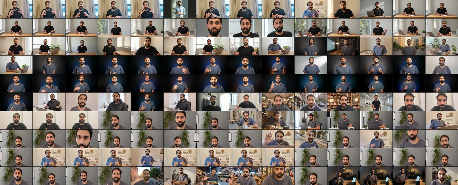 A contact sheet of 140 small video frames in a 14 by 10 grid, each one a still from a different AI clone clip of the same bearded man: desk shots, dark studio shots, a bedroom, a cafe, a street and a food hall.