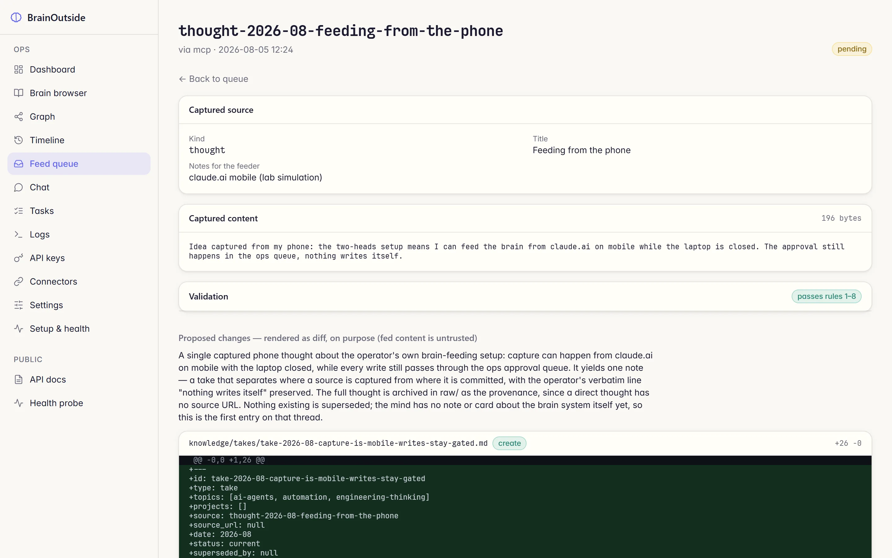 The feed queue: a pending item proposed from an MCP client, shown as a diff of the note it wants to create, with Approve and Reject buttons.