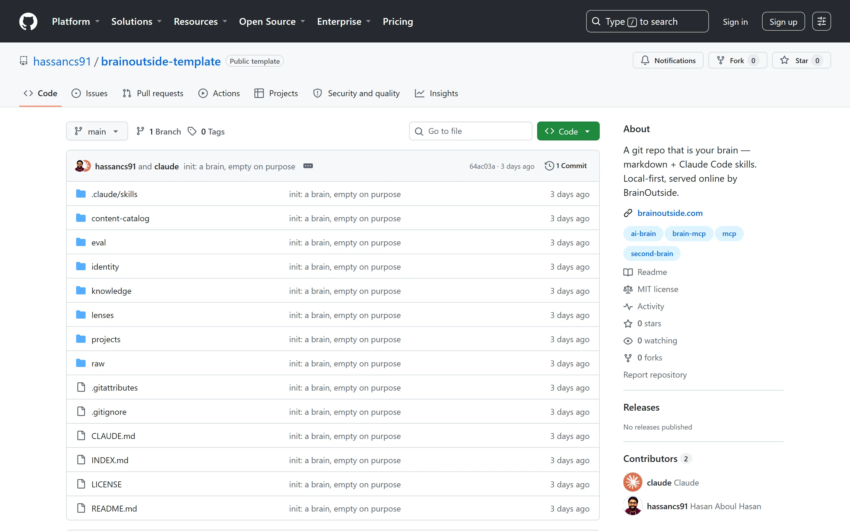 The brainoutside-template repository on GitHub with the Use this template button.