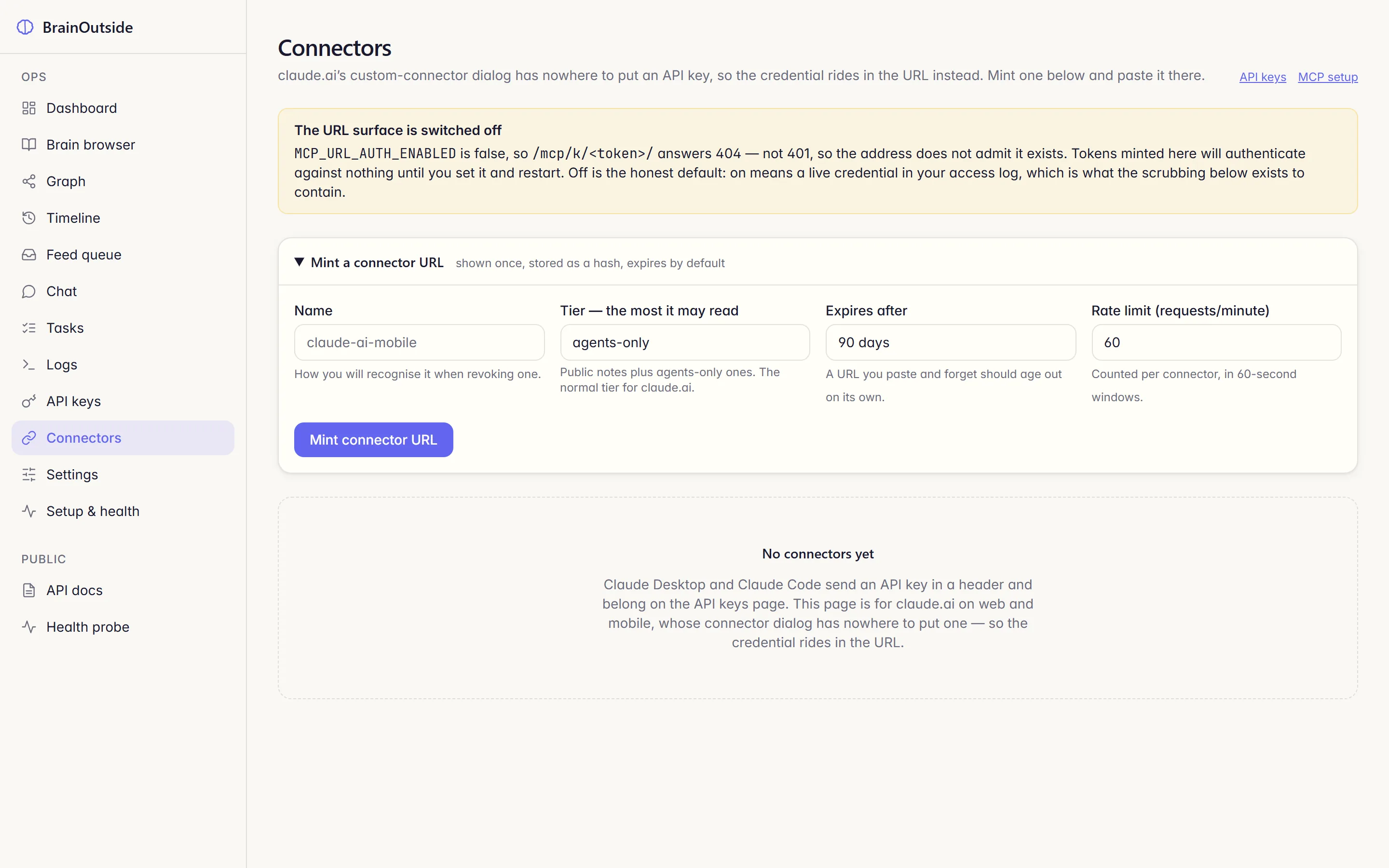 The Connectors ops page explaining the URL-token surface, with mint form: name, tier, expiry and rate limit.
