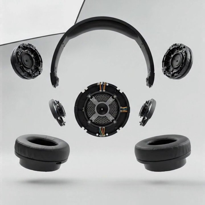 A frame from the image-to-video generation showing the same matte black headphones from the plate separating into ear pads and driver units