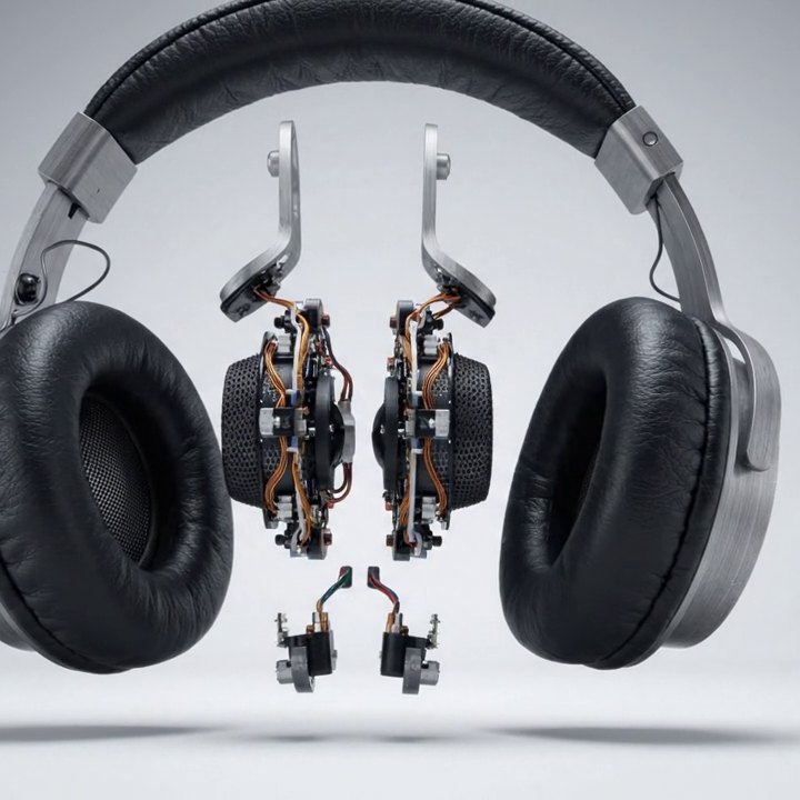 A frame from the text-only generation showing silver-cupped headphones with a different silhouette and implausible mechanical parts in the centre