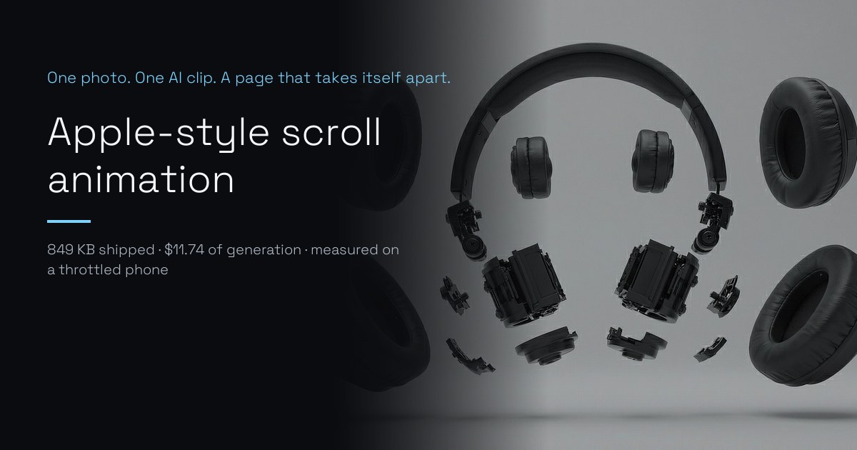 The generated headphones fully separated into an exploded view: ear pads, driver units, hinge hardware and headband suspended in mid-air