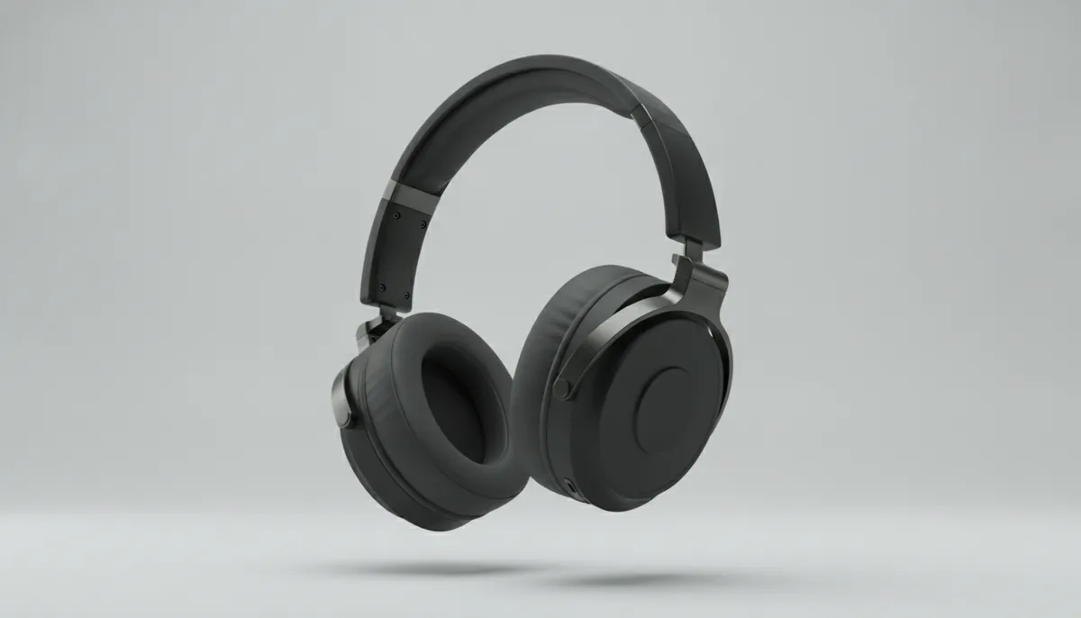 The plate: a pair of matte black over-ear headphones floating against a seamless light grey studio background, filling most of the frame height, with visible screws, panel seams and brushed metal hinge hardware