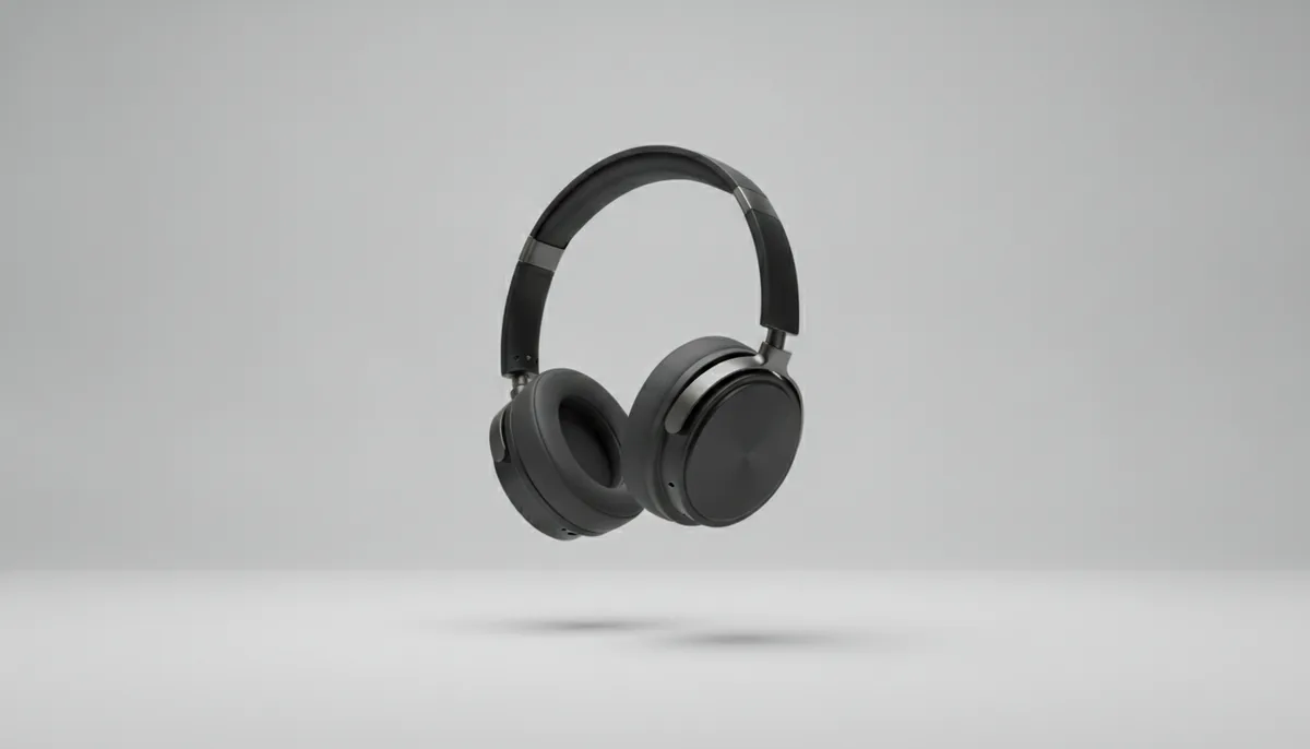 The wide plate: the headphones occupy just over half the frame height with large areas of empty grey studio above and below