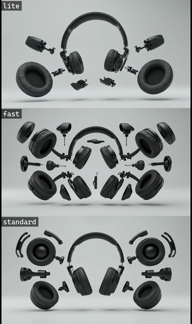 Three stacked frames from the same moment of three clips, generated on the Lite, Fast and Standard tiers, each showing a different arrangement of separated headphone components