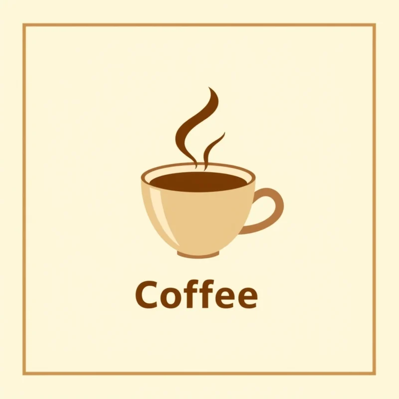 AI-generated flat coffee logo: tan cup with brown coffee and curling steam, the word 'Coffee' in brown type below, on a pale yellow background.