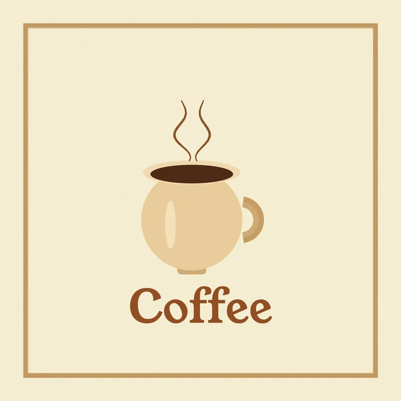 Flat vector coffee logo: round cream mug with dark coffee, two wavy steam lines, serif word 'Coffee' below, thin tan frame on a cream background.