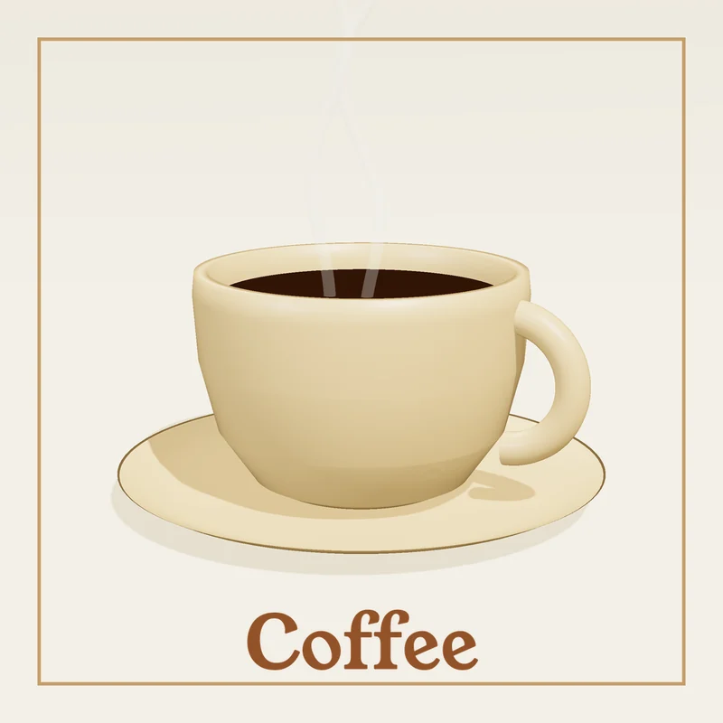 3D-rendered cream coffee cup on a saucer with soft studio lighting and a wisp of steam, the word 'Coffee' in brown serif type below.
