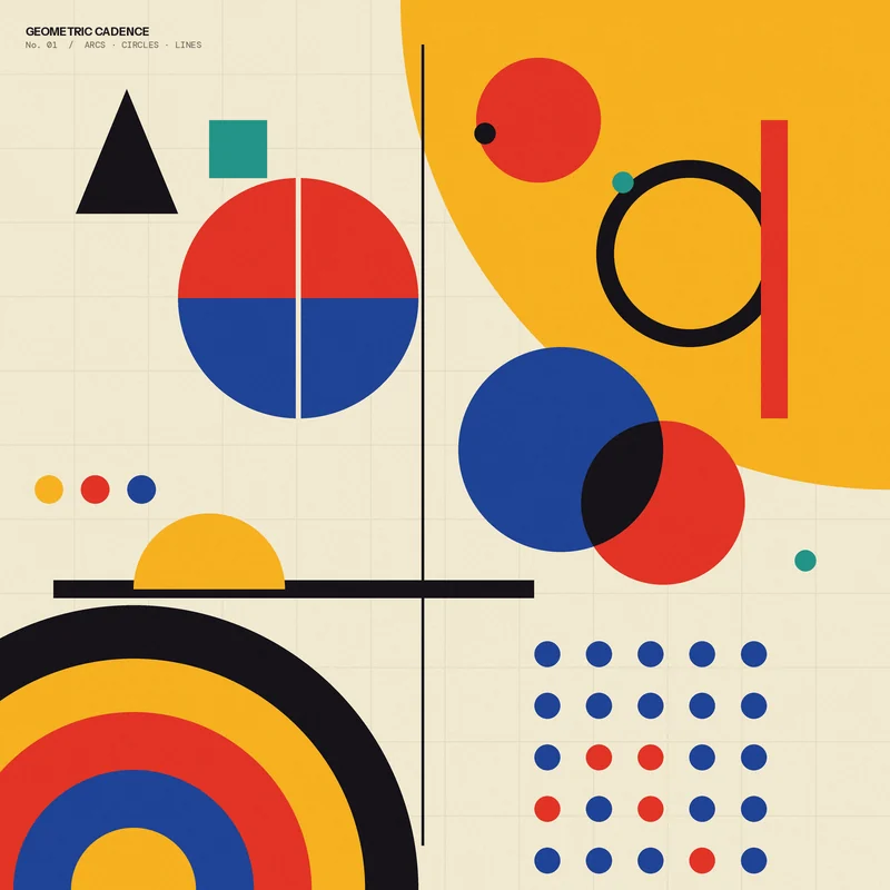 Bauhaus-style geometric print titled 'Geometric Cadence': flat red, blue, and yellow circles, arcs, a triangle, and dot grids arranged on a cream ground.