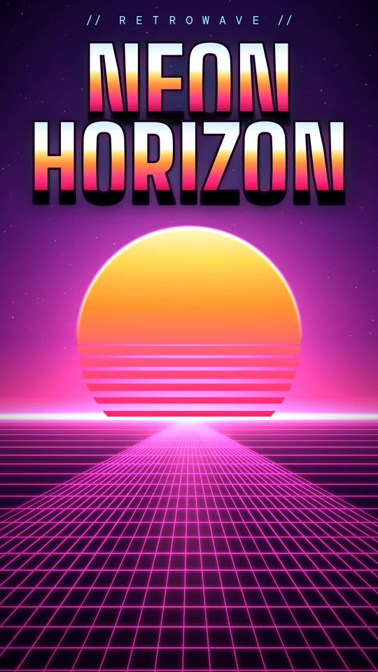 Synthwave poster: chrome 'NEON HORIZON' title above a striped orange sun setting into a glowing magenta perspective grid under a starry purple sky.