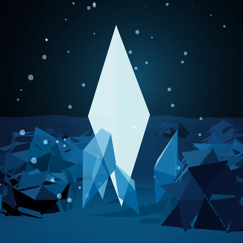 Moody 3D render of a glowing white crystal shard standing upright at night, ringed by faceted blue rock fragments and floating particles.