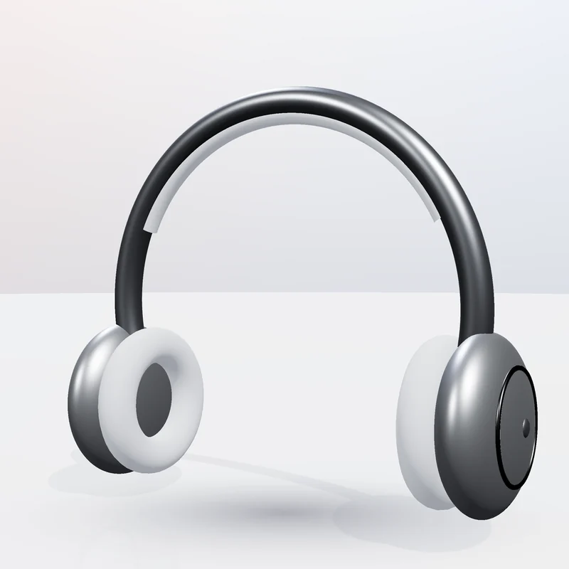 Clean 3D product shot of black-and-white over-ear headphones floating on a bright studio background with a soft floor shadow, Apple-ad style.