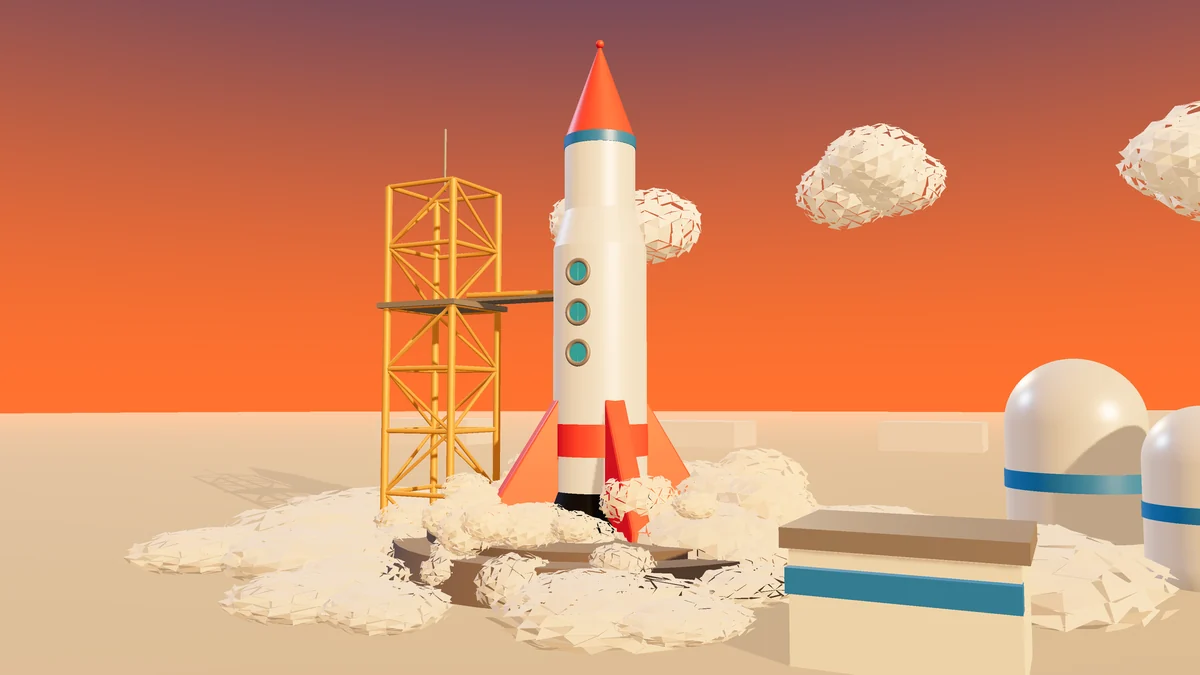 Low-poly 3D render of a white-and-red cartoon rocket on a launch pad beside a yellow gantry tower, surrounded by faceted smoke clouds under an orange sunset sky.
