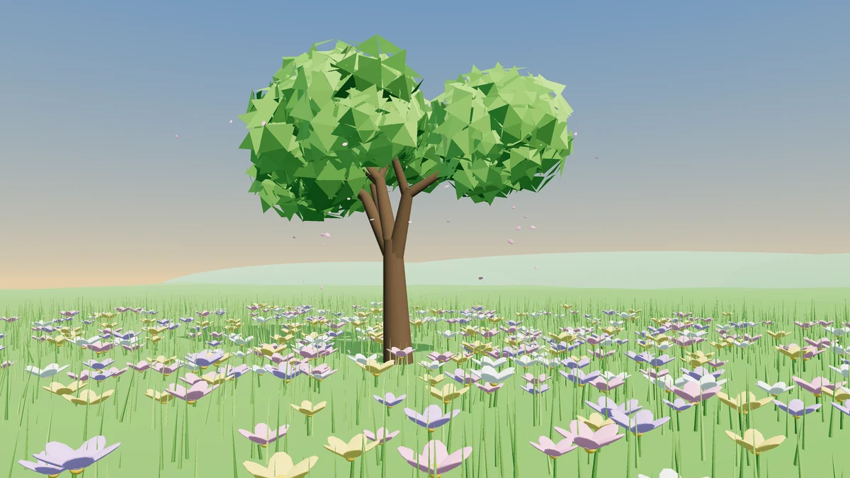 Low-poly 3D render of a tree with two green canopies standing in a meadow of hundreds of pastel pink, yellow, and white flowers under a soft blue sky.