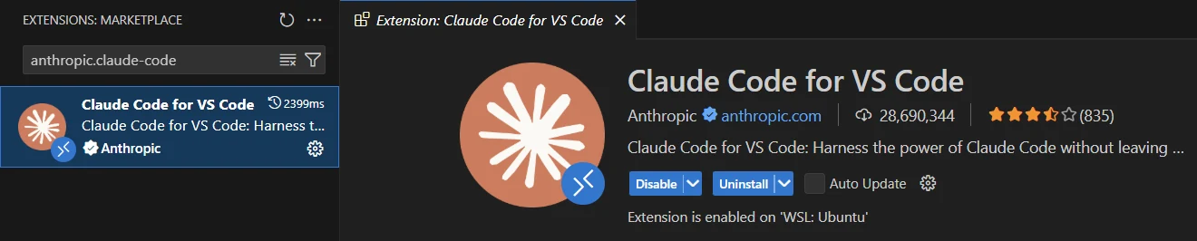 The Claude Code for VS Code extension page inside the WSL window, with Disable and Uninstall buttons, a small blue remote badge on the Claude icon, and the line: Extension is enabled on 'WSL: Ubuntu'.