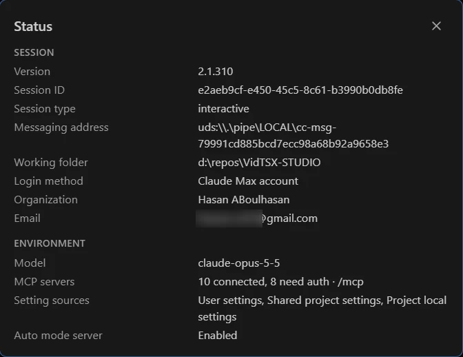 Claude Code Status view in the Windows window: version 2.1.310, working folder d:\repos\VidTSX-STUDIO, login method Claude Max account, email ending in @gmail.com, 10 MCP servers connected.