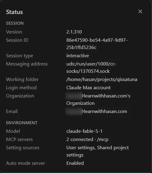 Claude Code Status view in the WSL window: version 2.1.310, working folder /home/hasan/projects/qissatuna, login method Claude Max account, email ending in @learnwithhasan.com, 2 MCP servers connected.