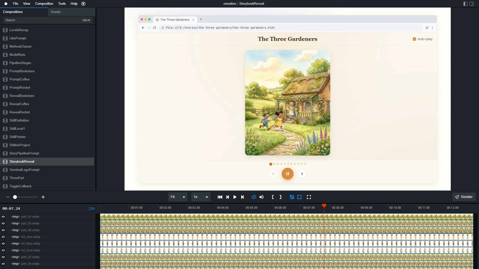 Remotion Studio preview showing a generated macOS browser window with red, yellow and green traffic lights, a tab reading 'The Three Gardeners', and a file:// URL bar, rendering a watercolor storybook page with pagination dots and playback controls.