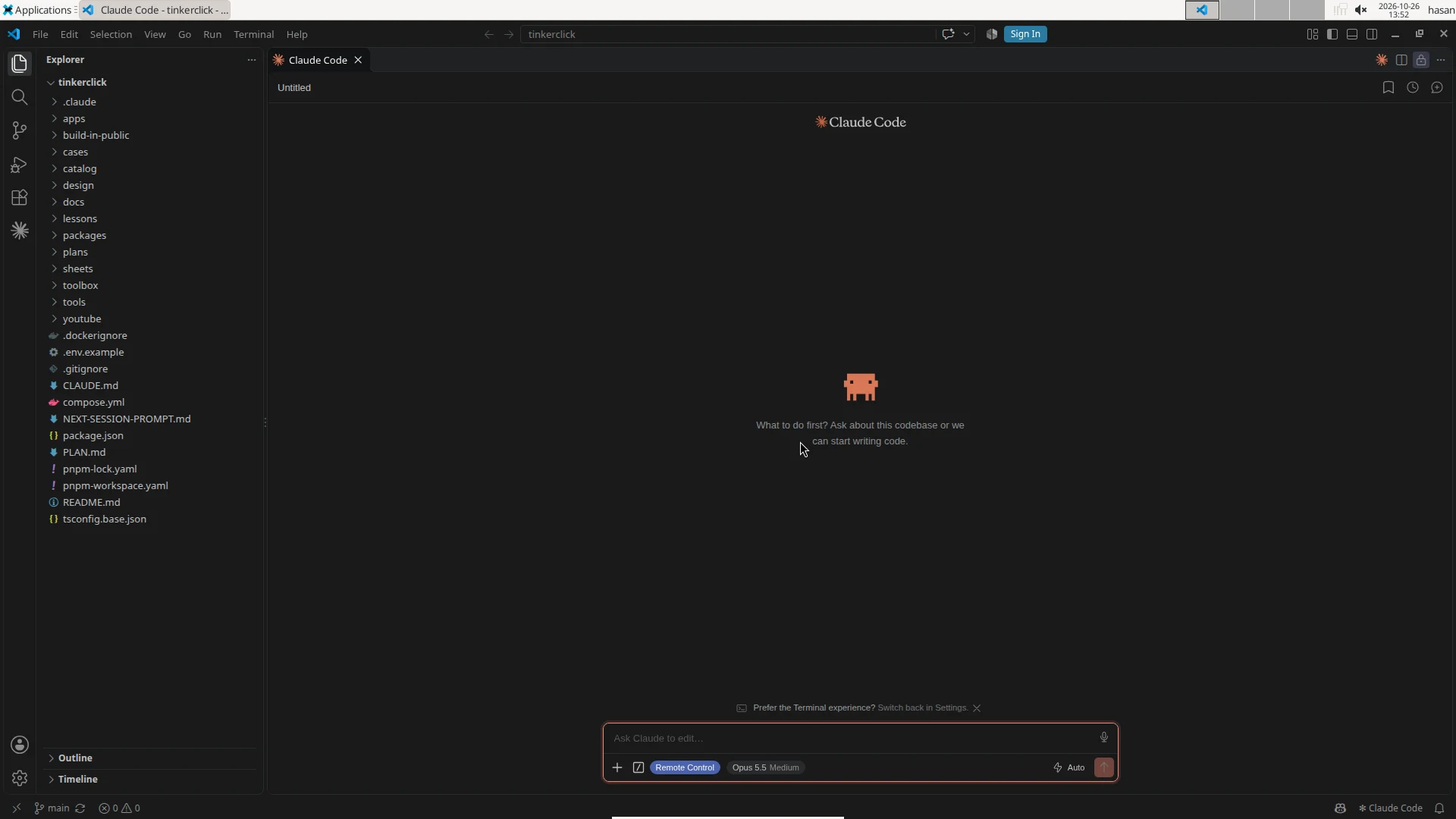 XFCE desktop on the VPS with VS Code open on a repo and the Claude Code panel, its prompt box showing Remote Control, Opus 5.5 and Auto