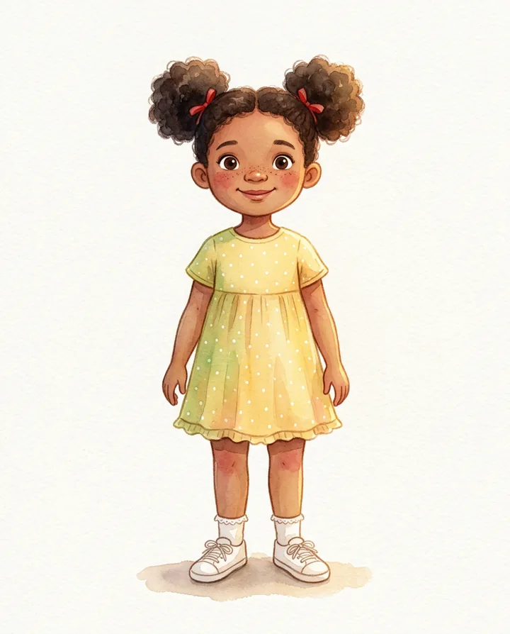 Reference plate: a young girl with brown skin, dark curly hair in two puffs with red ribbons, a buttercup-yellow polka-dot dress and white sneakers, standing on a plain white background.