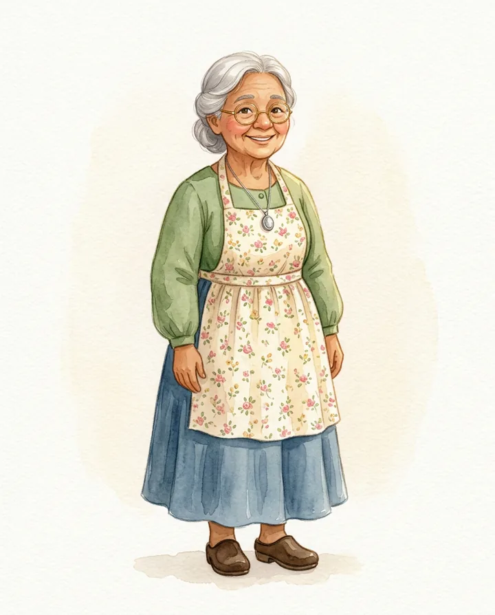 Reference plate: an elderly woman with light-brown skin, silver hair in a low bun, round glasses, a sage-green blouse and a cream rose-print apron, on a plain white background.