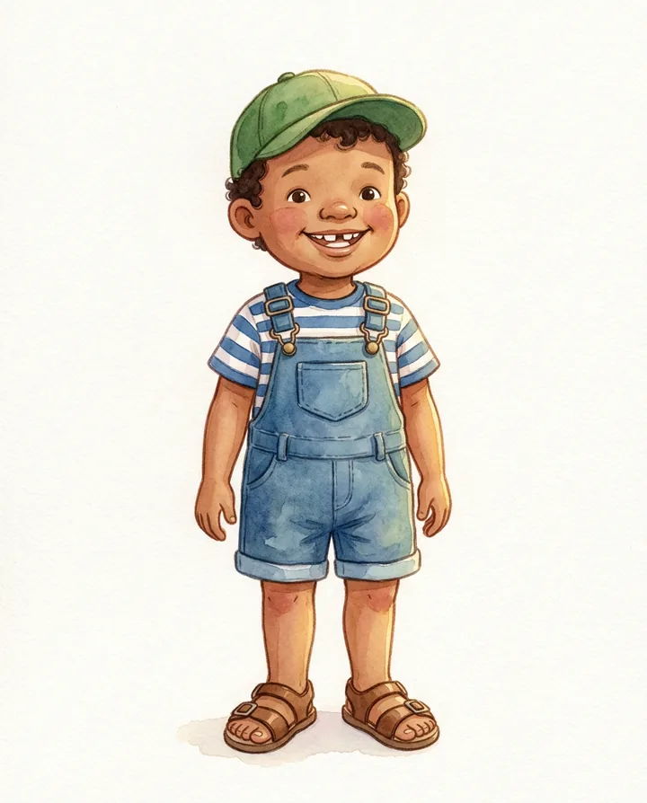 Reference plate: a small boy with brown skin, a green ball cap, a blue-and-white striped shirt and denim overall shorts with brown sandals, on a plain white background.
