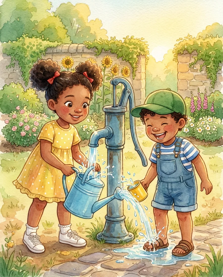 Watercolor scene: Mira and Theo fill their watering cans at an old blue water pump, water splashing over Theo's bare toes.